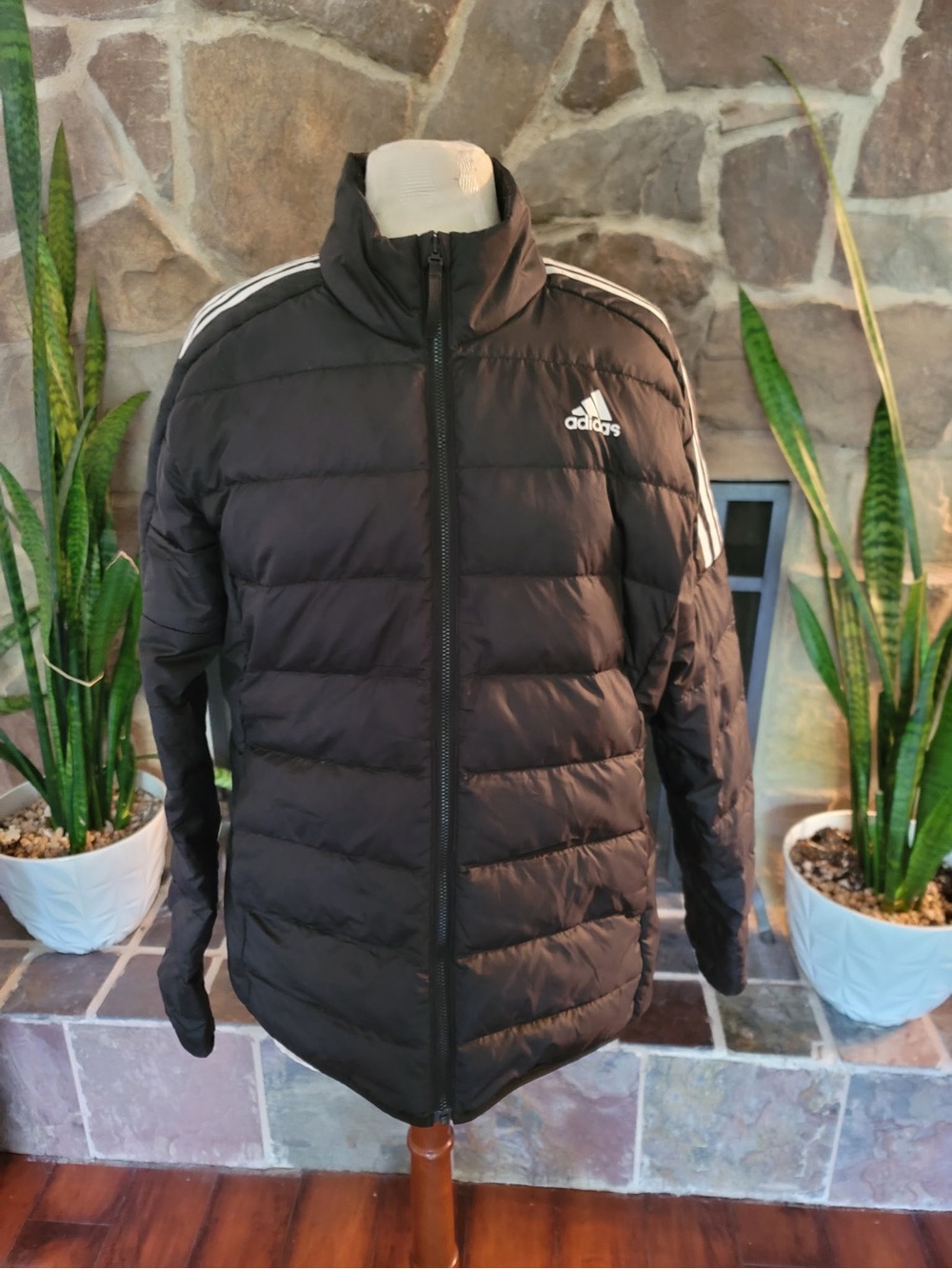 Adidas Black Puffer Jacket Sz L Full Zip Primegreen Insulated 3 Stripe Coat